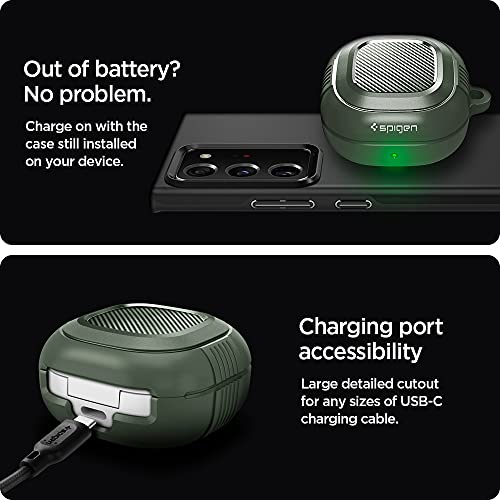 Image of Spigen Galaxy Buds2 Pro /Buds2 /Buds Pro /Buds Core /Buds FE Case, Carabiner Included, Shock-Proof, Light & Compact Cover, (Rugged Armor) - Military Green