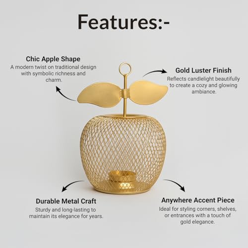 Image of MARKET 99 Metal Apple T-Light Holder Golden | Decorative Tealight Candle Stand for Diwali, Christmas & Festive Home Decor | Elegant Tabletop Accent for Weddings, Birthdays, Parties & Gifting