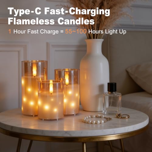 Image of LEDHOLYT Rechargeable Glass LED Flameless Candles, Embedded Star String Flickering Flameless Candles for Romantic Ambiance and Home Decoration with Remote & Timer(Gold)