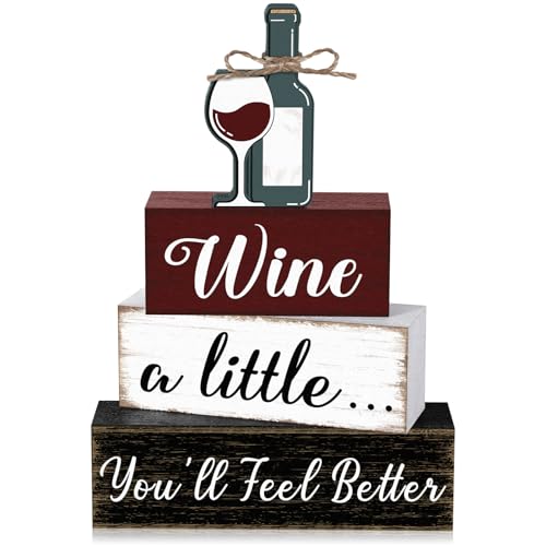 Marsui 4 Pcs Wine Decor Wood Sign Wine Bar Decorations for Kitchen Farmhouse Bottle Stacked Block Sign Decorative Wooden Table Centerpiece Rustic Tiered Tray Decor for Home Bar Housewarming Gift