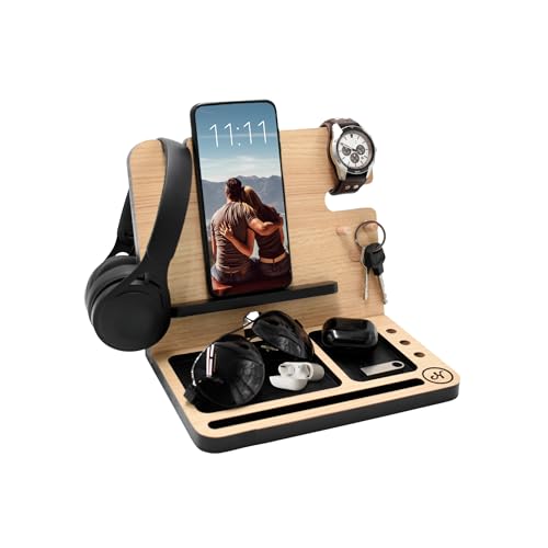 Namore | Nightstand Organizer for Men | Wood Phone Docking Station | Gifts for Men | Desk Accessories & Charging Station with Phone Stand | For Watch, Wallet, Keys, Cellphone, Headphones & Pens