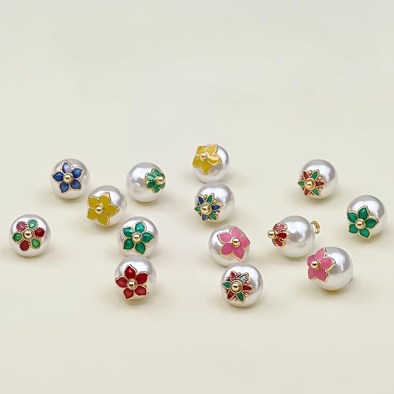 Bottoni di perle, 50 szt. 10 mm zielony kwiatek biała perła mała okrągła kula perłowe guziki okrągła gruszka do rękodzieła tkanin(Green Flower)