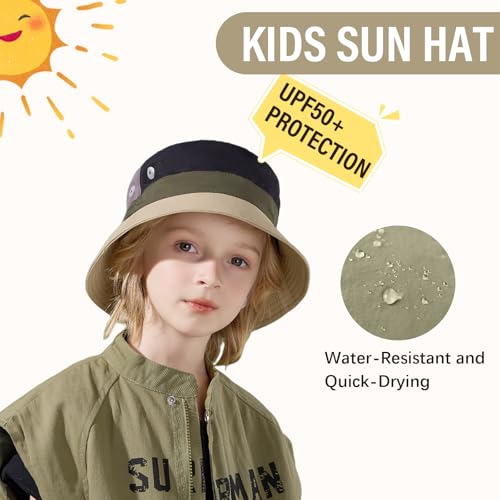 Image of Outdoor Kids Sun Hat Quick Dry Bucket Hat Multiple Color Patchwork for Boys Girls 8-15 Years UPF 50+ Summer Beach Hats