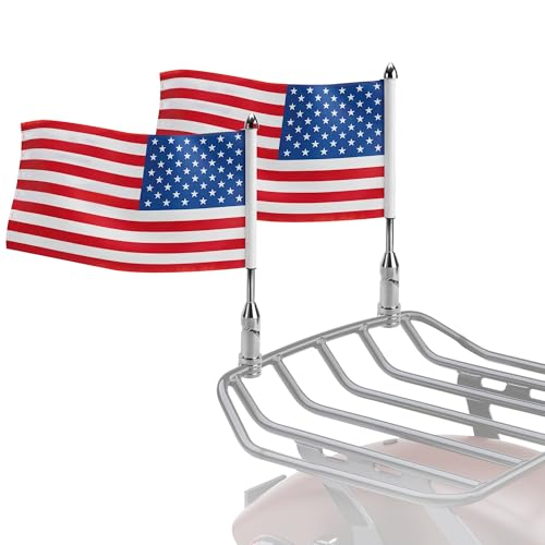 2PCS Motorcycle US Flag with Pole Mount - Fold Down 90 6.5 x 11 Flag Pole Holder Bracket fit for Harley Honda Suzuki Kawasaki Goldwing Yamaha Compatible with 1/2 Motorcycle Round Luggage Rack