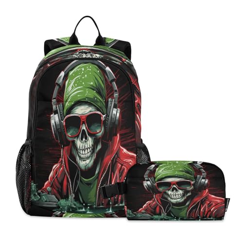 LINNIKEEEE Dj Di Musica In Stile Natalizio Set Zaino per Studenti Borsa per Il Pranzo,Borsa Scuola Leggera Resistente per Ragazzi Ragazze