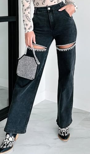 Women's High Waist Straight Wide Leg Y2K Denim Pants Cut Out Rhinestone Jeans Streetwear2