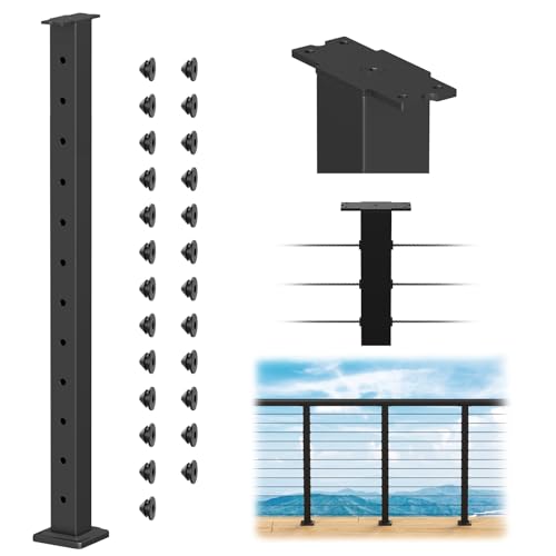 Image of BLIKA 42 inch Level Drilled Cable Railing Post(Post 41 inchx2 inchx2 inch), Flat Top Surface Mount Deck Post, Stainless Steel Black Powder Coated Finish Cable Handrail Post for Deck Railing, BL02-LP