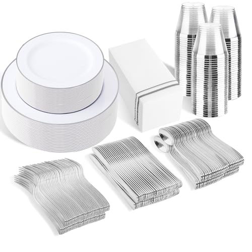 SUT 350 Piece Silver and White Plastic Dinnerware Set for 50 Guests, Disposable Plastic Plates, Include: 50 Dinner Plates, 50 Dessert Plates, 50 Pre Rolled Napkins with Silver Silverware, 50 Cups