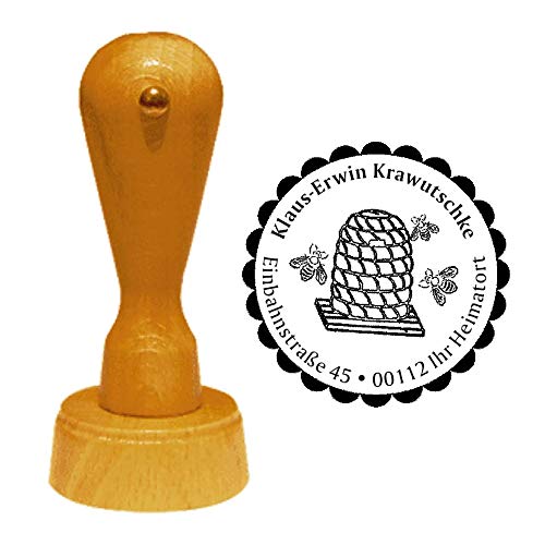 Stempel Adressstempel « IMKER - BIENENKORB » Durchmesser ca. à 40 mm - mit persönlicher Adresse, Motiv und Zierrand - Beruf Imkerei Bienenstock