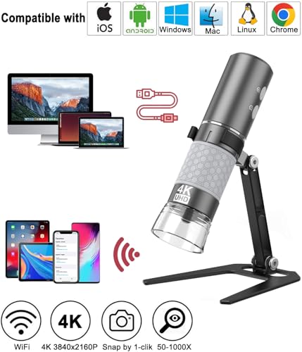Image of Jiusion WiFi USB Digital Handheld Microscope with Case, 50 to 1000x Wireless Magnification Endoscope 4K 3840x2160P Camera 8 LEDs with Metal Stand for iPhone iPad Android Mac Windows Linux Chrome