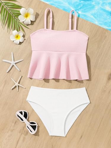 QJQ Girl's 2 Piece High Waisted Swimsuits Ruffle Waffle Bathing Suit Summer Cute Bikini Sets2