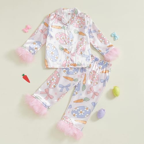 DuAnyozu Little Girl Easter Pajamas For Kids Toddler Satin Pajamas Pant Set Carrot Easter Eggs Feather Cuff Satin Pjs Set3