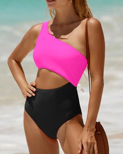 Women's One Piece Swimsuit- One Shoulder Bathing Suit Cutout Tummy Control Swimwear Hot Pink M - Image 4