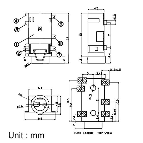 Conector de audio jack de 3,5 mm uxcell hembra de 6 pines PJ-311D para PCB pack de 10 piezas 4