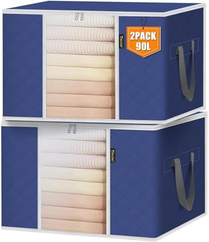 BALEINE 2 Pack Clothes Storage Bags, 24 Gallon Storage Containers with Reinforced Handle, Sturdy Zipper, Closet Organizer for Blanket, Comforter, Pillow, Bedding (Blue, 2 Pack)