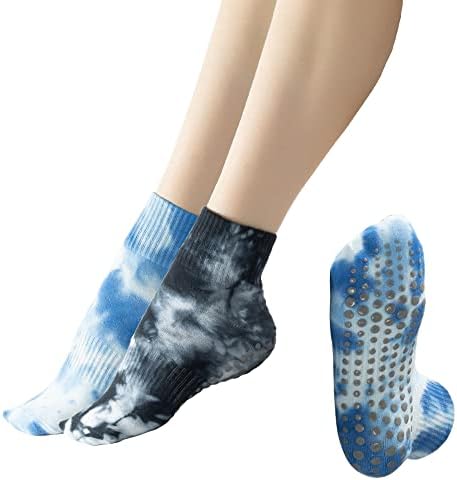 BQMLA Non Slip Yoga Socks for Women with Grips, Colorful Tie Dye Cushioned Crew Socks for Barre Ballet Dance, Black and Blue Size 5-10