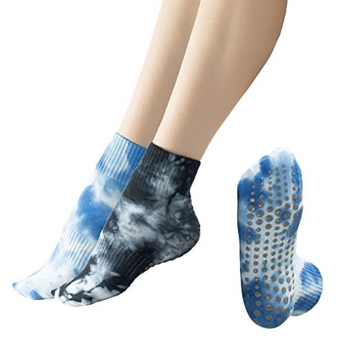 Bqmla Non Slip Yoga Socks For Women With Grips, Colorful Tie Dye Cushioned Crew Socks For Barre Ballet Dance, Black And Blue Size 5-10 #TOP2