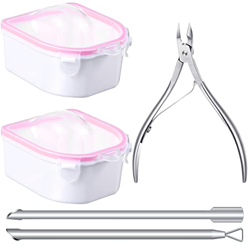 2 Pieces Soaking Soak Bowl Polish Remover Soak Bowls Powder Remover Manicure Bowl Tray Manicure Spa Tool with Triangle Cuticle Peeler Nail Pusher Peeler Cuticle Trimmer for Nail Art Spa (Pink)