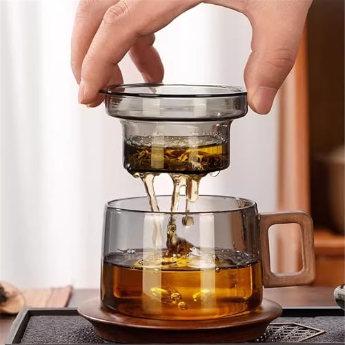 Taza de té pequeña de borosilicato transparente de alta pureza con asa de madera noble y tapa 5