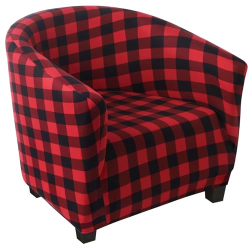 Image of SearchI Christmas Club Chair Slipcover Stretch Barrel Chair Covers Xmas Tub Chair Slipcovers Spandex Armchair Cover Removable Couch Furniture Protector Arm Chair Cover for Living Room(Black /Red Plaid)