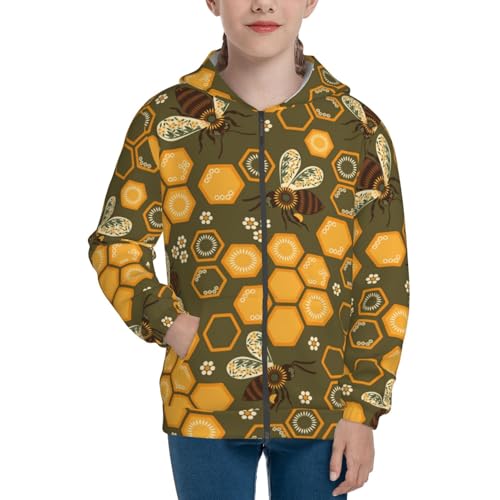Bees and Honeycombs Kid Hoodies Boys Zip Up Sweatshirts Girls Pullover with Pocket3