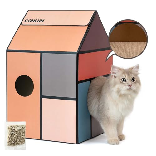 Conlun Casa para Gatos Cartón con Rascador para Gatos Carton & Catnip, Fácil de Armar Casa Gato Cartón para Diversos Estilos de Decoración del Hogar, Juguetes para Gatos Pequeños Animales Interiores