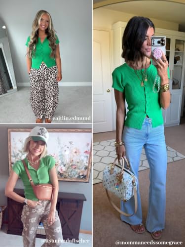 Image of Imily Bela Womens Short Sleeve Y2K Summer Tops Button Down Tshirt Ribbed Knit Slim Fit Sweater Cropped Cardigan