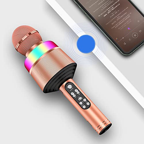 Kiboule Microfone de karaokê sem fio com luzes LED 2 em 1 portátil BT microfone alto-falante suporte