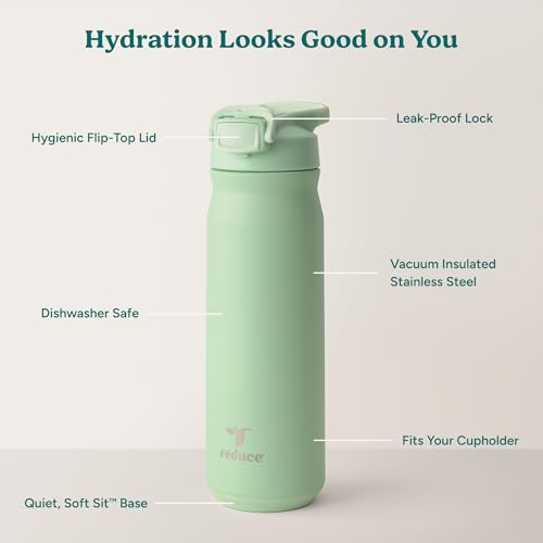Image of REDUCE 24 oz Hydrate Pro Stainless Steel Insulated Water Bottle - Flip Top Leak-Proof Lid, Dishwasher Safe, BPA-Free, Dual Wall Vacuum, Keeps Drinks Cold for 48 Hrs, Cup Holder Friendly - Matcha