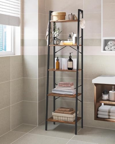 Image of Hzuaneri 5-Tier Ladder Shelf, Bookshelf Bookcase, Freestanding Corner Storage Shelves with 2 Hooks for Home Office, Living Room, Kitchen, Bedroom, Industrial, Rustic Brown and Black BC19201B