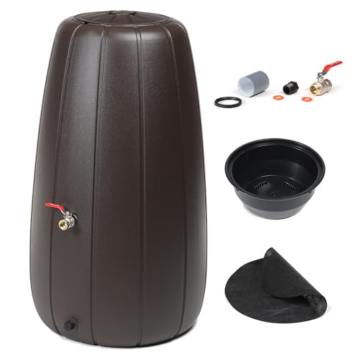 Serbatoio per acqua piovana 200 l, acqua piovana, marrone, per esterni, plastica robusta, rotondo e alto, fori di scarico, coperchio, inserto pentola, sistema di drenaggio, con valvola a sfera dritta