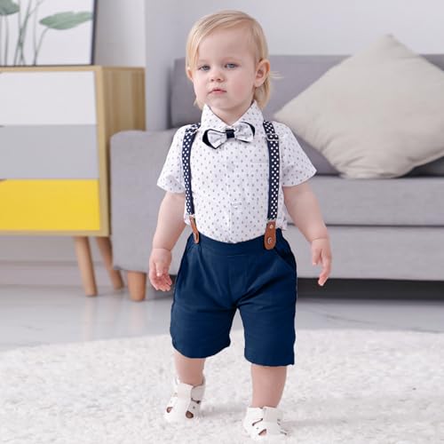 Image of Volunboy Baby Boy Formal Short Set Toddler Summer Gentleman Outfit Kid Short Sleeve Bowtie Shirt Suspender Shorts Suit