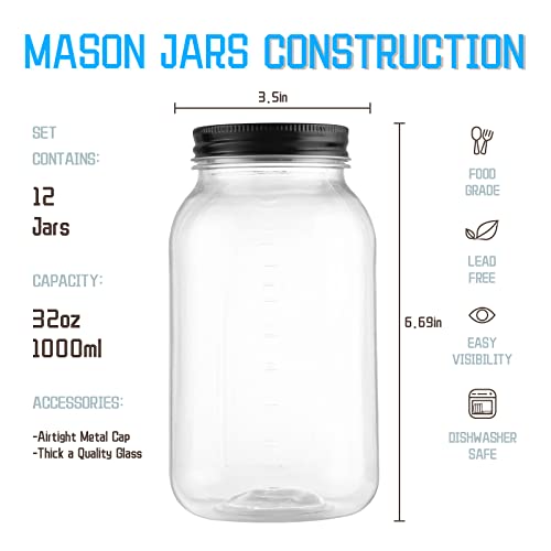 Novelinks 32 Oz Clear Plastic Mason Jars With Lids - Dishwasher Safe Plastic Mason Jars 32 Oz Plastic Jars With Lids For Kitchen & Household Storage (12 Pack) (Black) #TOP1