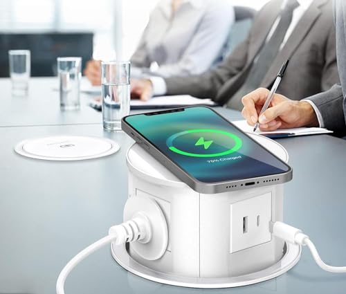 Image of Audiovan Vertical Pop Up socket Pneumatic Electrical Countertop, 3* Power+ USB type A+C charge+ 18 watt Fast Wireless phone charge Kitchen Counter Conference Desk (AVT-VMP24) White (WHITE)