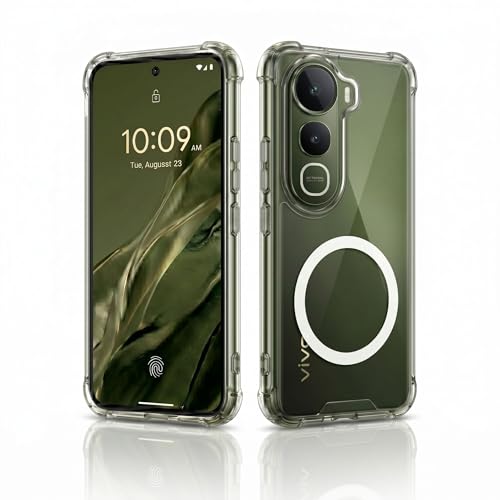 Image of amazon basics Crystal Clear Magnetic Case for Vivo Y400 5G | Compatible with MagSafe Accessories | Air-Guard Corners | Shockproof TPU + Hard PC Back | Slim Transparent Protective Cover (Clear)
