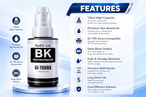 Image of ROHINK GI-790 Series Refill Ink, Compatible with G1000, G1010, G1100, G2000, G2100, G3000, G3010, G3012, G3100, G4000, G4010 Printers (Canon790 Black Pack 1)