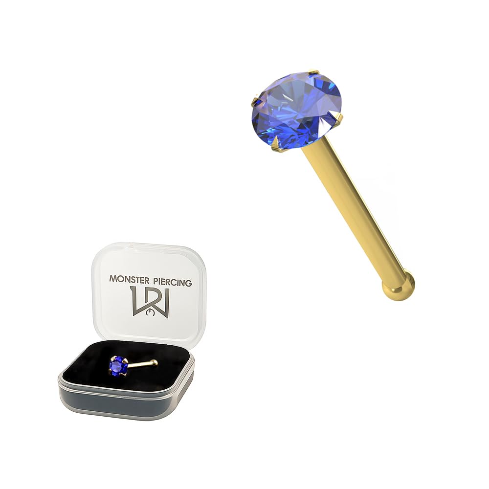 Monster Piercing - 14K Gold Echtgold | Nasenpiercing Nasenstecker Stud | Kristallstein Blau | Stabstärke: 22G (0,6 mm) | Stablänge: 6mm | Steingröße: 1,5mm bis 2,5mm | Hypoallergen
