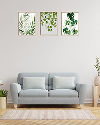 UPWOIGH Framed Green Wall Art(No Plexiglass), Palm Leaves Canvas Wall Art,40x30cm Botanical Wood Bohemia Sage Wall Decor Prints Artworks for Living Room Bedroom, Plant Neutral Pictures Set of 3