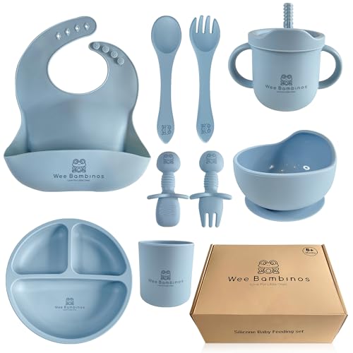 Image of Wee Bambinos Silicone baby feeding set, 10 pcs baby silicone feeding set, baby plates and bowls set, baby led weaning set, baby plates and utensils set, baby eating set, platos para bebes (Blue)