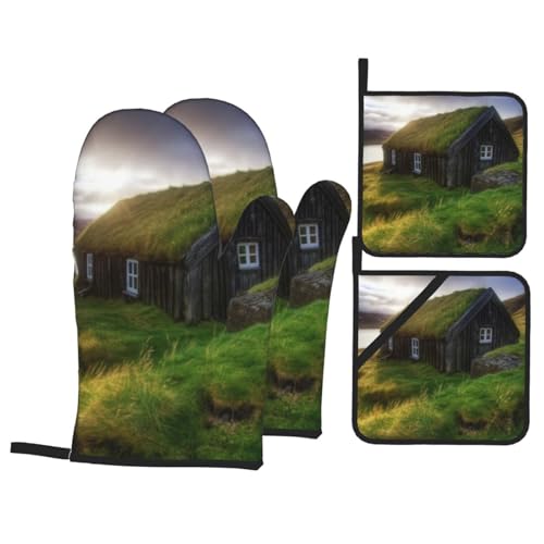 Oven Mitts and Pot Holders Set of 4 Iceland Hut Print Kitchen Oven Glove Fashion Heat Resistant Oven Gloves Set for BBQ Grill Baking Cooking Oven Microwave
