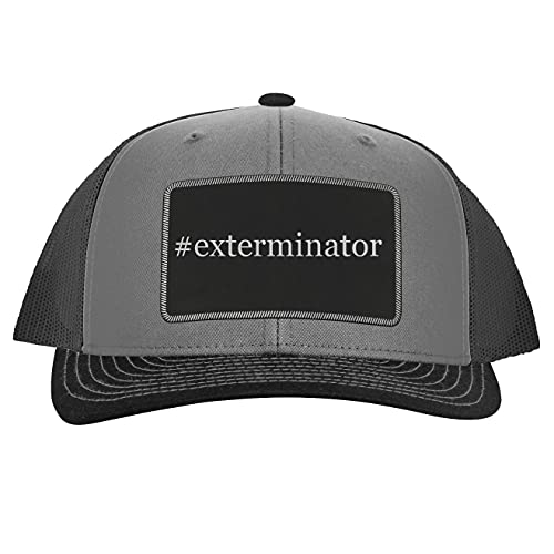 #Exterminator - Leather Hashtag Black Patch Engraved Trucker Hat, Grey-Steel, One Size