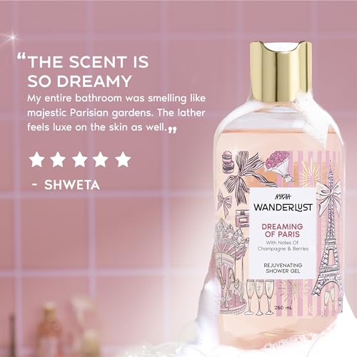 Image of Nykaa Wanderlust Dreaming of Paris Fruity Clensing Shower Gel, Champagne & Berries Fragrance, Vegan, Cruelty-Free, No Parabens, Rejuvenating Body Wash for Women