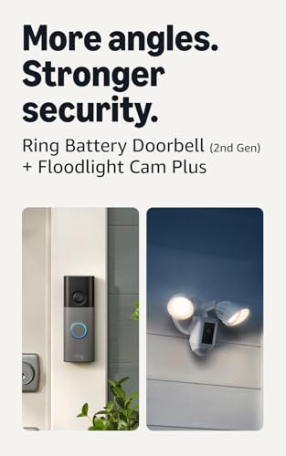 Image of Ring Battery Doorbell (newest model), Speckled Gray with Floodlight Cam Plus, White