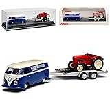 Aus Metall mit Plastikteilen. Schuco Volkwagen T1 Kasten Blau Transporter Samba Bully Bus 1950-1967 mit Anhänger Porsche Diesel Junior Traktor H0 1/87 Modell Auto Modell Auto
