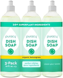 Puracy Dish Soap, Gently Scented with Organic Lemongrass for Fragrance Free Glasses, Kitchen Soap That Cares for Dishes & Hands, Skin-Softening Liquid Dishwashing Detergent Soap, 16 Ounce (3-Pack)