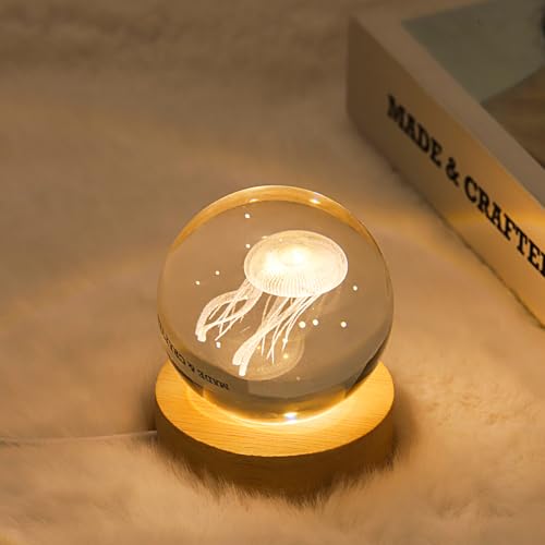 Image of 3D Jellyfish Crystal Ball Lamp with Dimmable LED and Wooden Base, Night Light for Kids Teens Adults, Home Desk Office Bedroom Decor, Birthday Gift (2.4 inch / 6cm)
