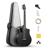 Donner Acoustic Electric Guitar Beginner Kits with Carbon Fiber Top, Wooden Bowl, Built-in Pickups, 38 Inch, RISING-G2 (Black)