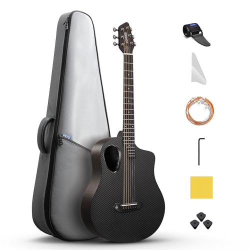 Donner Acoustic Electric Guitar Beginner Kits with Carbon Fiber Top, Wooden Bowl, Built-in Pickups, 38 Inch, RISING-G2 (Black)
