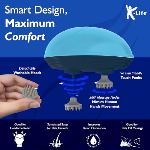 K-life Scalp Massager | Head Massager | Hair Massager For Hair Growth | Portable Neck Massager Mini | 96 Silicon Points with Detachable & Washable Heads | 3 Speed Modes | Stress Relax Sky Blue