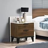 NicBex Nightstand Walnut Bedside Table Marble Top Nightstands Solid Wood End Table 2 Drawers Night Stands with Storage Space Bedside Table for Bedroom, Living Room, Walnut